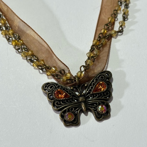 Vintage Butterfly Rhinestone Beaded Ribbon Necklace Cottagecore Y2K Fairycore - Picture 4 of 4